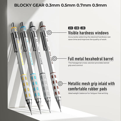 Nicpro 4 Pack Blocky Gear 0.3, 0.5, 0.7, 0.9 mm Metal Mechanical Pencils Set with Case, Lead Drafting Pencil with 8 Tube Lead Refills(HB 2B), Erasers, Eraser Refills for Art Writing Sketching Drawing