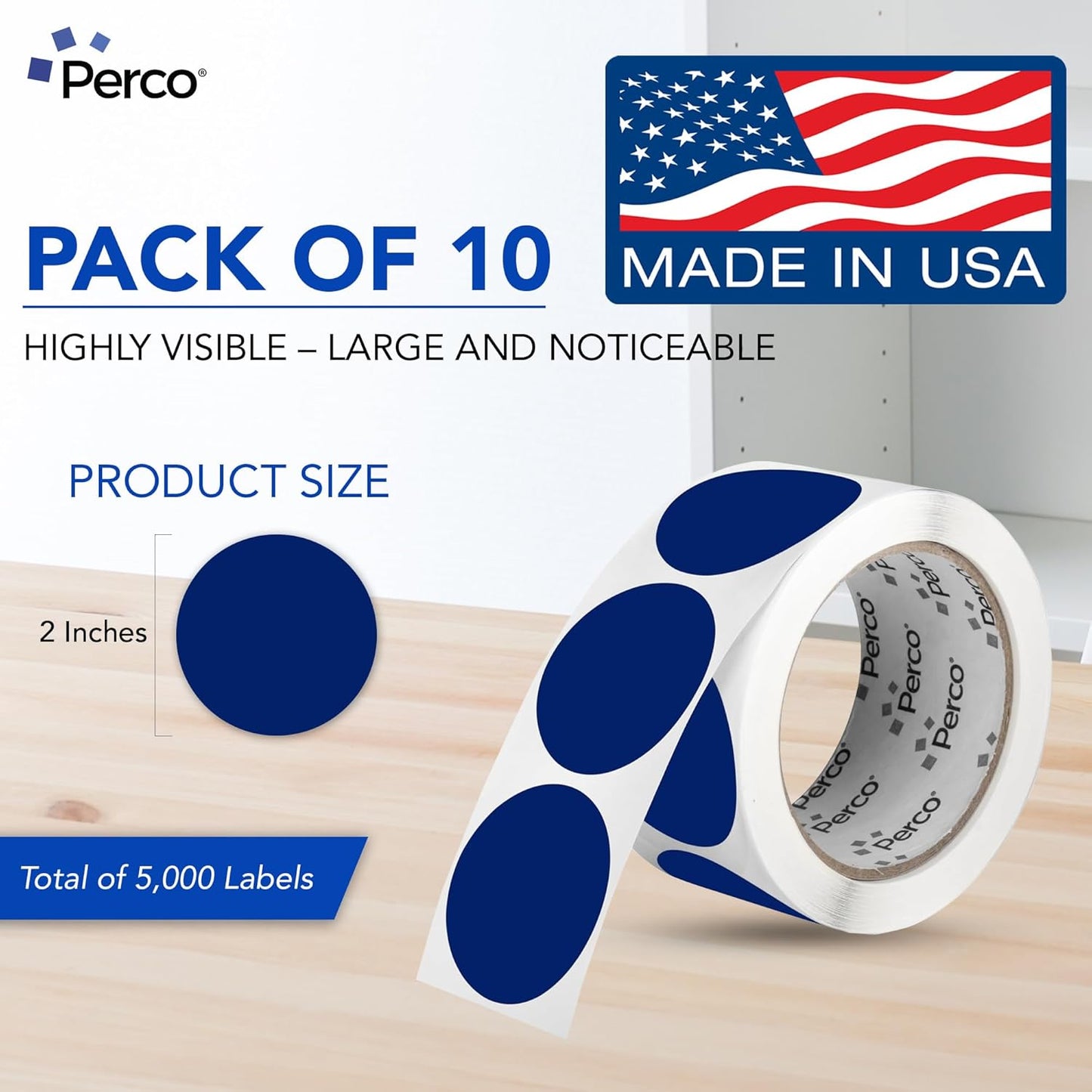 Perco Dark Blue 2-Inch Perforated Circle Dot Sticker Labels — 10 Rolls, 5,000 Round Stickers — with Permanent Adhesive for Organizing, Color Coding, Bin Labeling, Packaging Alerts—Made in USA