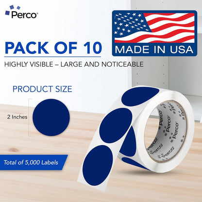 Perco Dark Blue 2-Inch Perforated Circle Dot Sticker Labels — 10 Rolls, 5,000 Round Stickers — with Permanent Adhesive for Organizing, Color Coding, Bin Labeling, Packaging Alerts—Made in USA