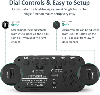 Digital Dual Alarm Clock for Bedroom, Easy to Set, 0-100% Dimmer, USB Charger, 5 Sounds Adjustable Volume, Weekday/Weekend Mode, Snooze, 12/24Hr, Battery Backup, Compact Clock for Bedside