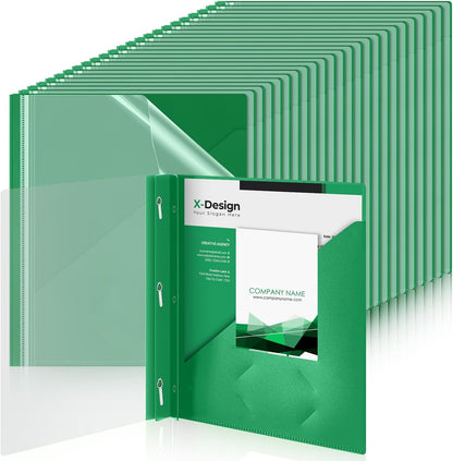 Teling 48 Pcs Clear Front Report Covers with 3 Prongs Fasteners, 11.42 x 9.45 Inch Plastic Book File Covers 90 Sheet Capacity, Presentation Folder with Green Back Cover for Office Business