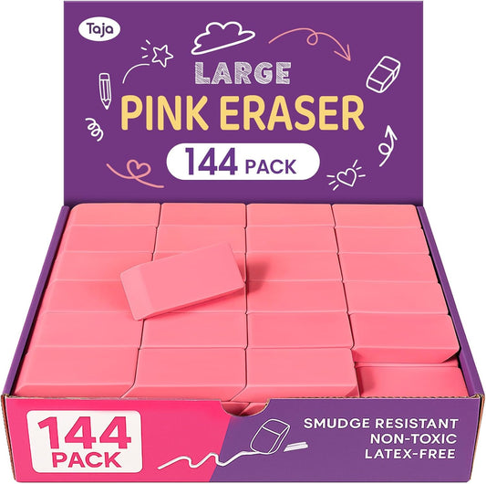 144 Pack Pink Erasers Bulk, Large Pencil Erasers for School, Classroom, Teacher, Homeschool, and Office Supplies