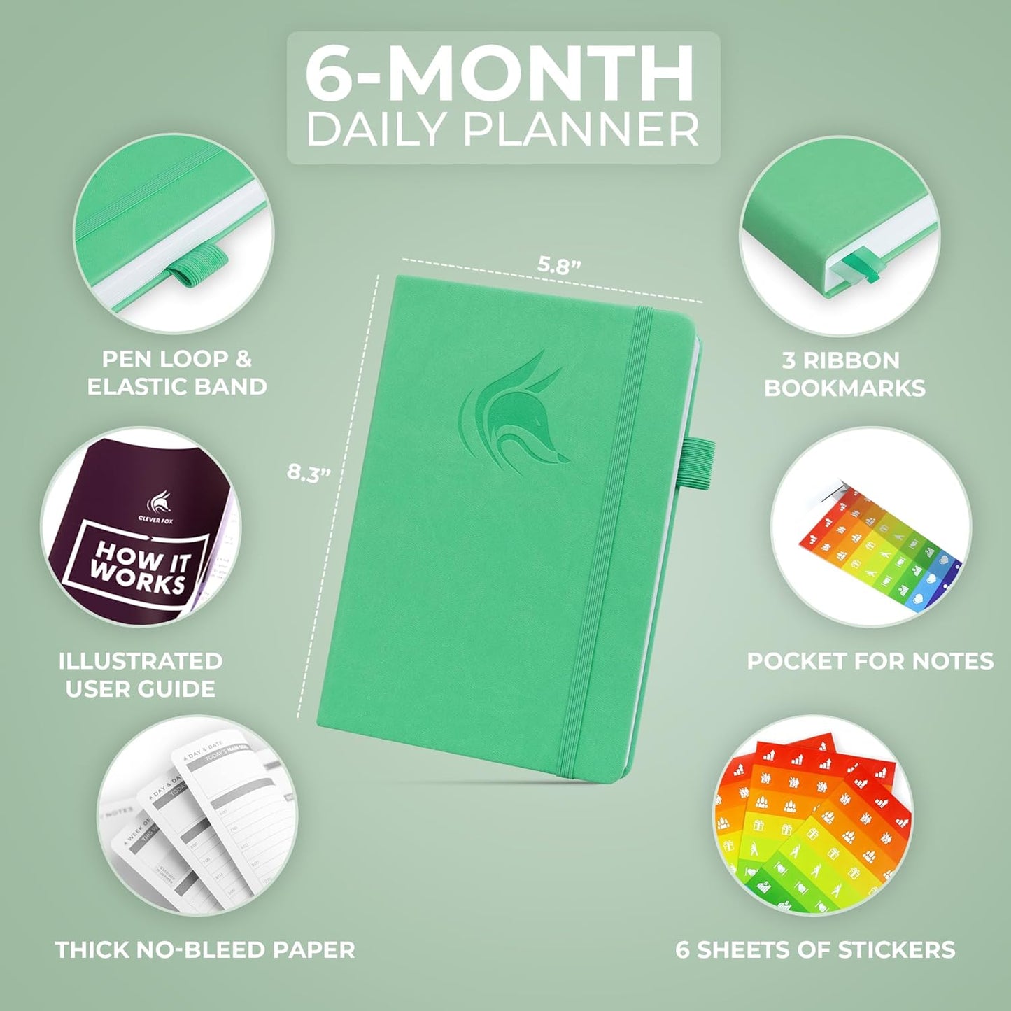 Clever Fox Daily Planner – Undated Planning Notebook with Hourly Schedule & To-Do List – Personal Day Task & Work Organizer, 6 Months (Emerald)