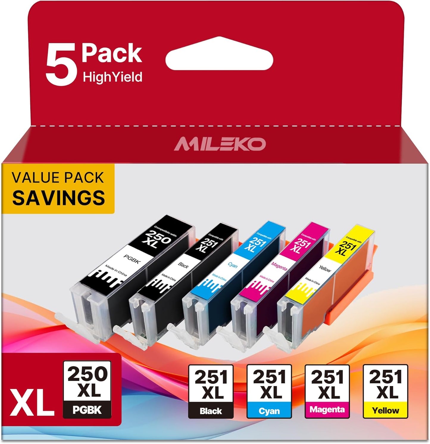 250 251XL Ink Cartridges for Canon Printers for Canon 250 and 251 Ink Cartridges for PIXMA MX922, MG5420, MG5520, MG5522, MG6320, MG6620, iP7220 Printer (5 Pack, PGBK, Black, Cyan, Magenta, Yellow)