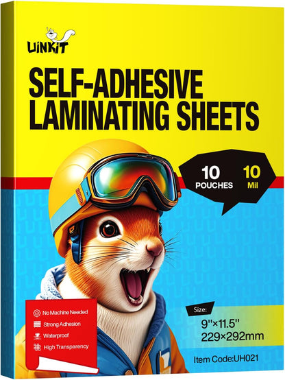 Uinkit Self Sealing Laminating Pouches, Waterproof Lamination Sheets for Document Permanent Adhesive 9x11.5inches 10Pack 10mil Thick Gloss Finish No Need Machine (9x11.5Inchesx10Pack)