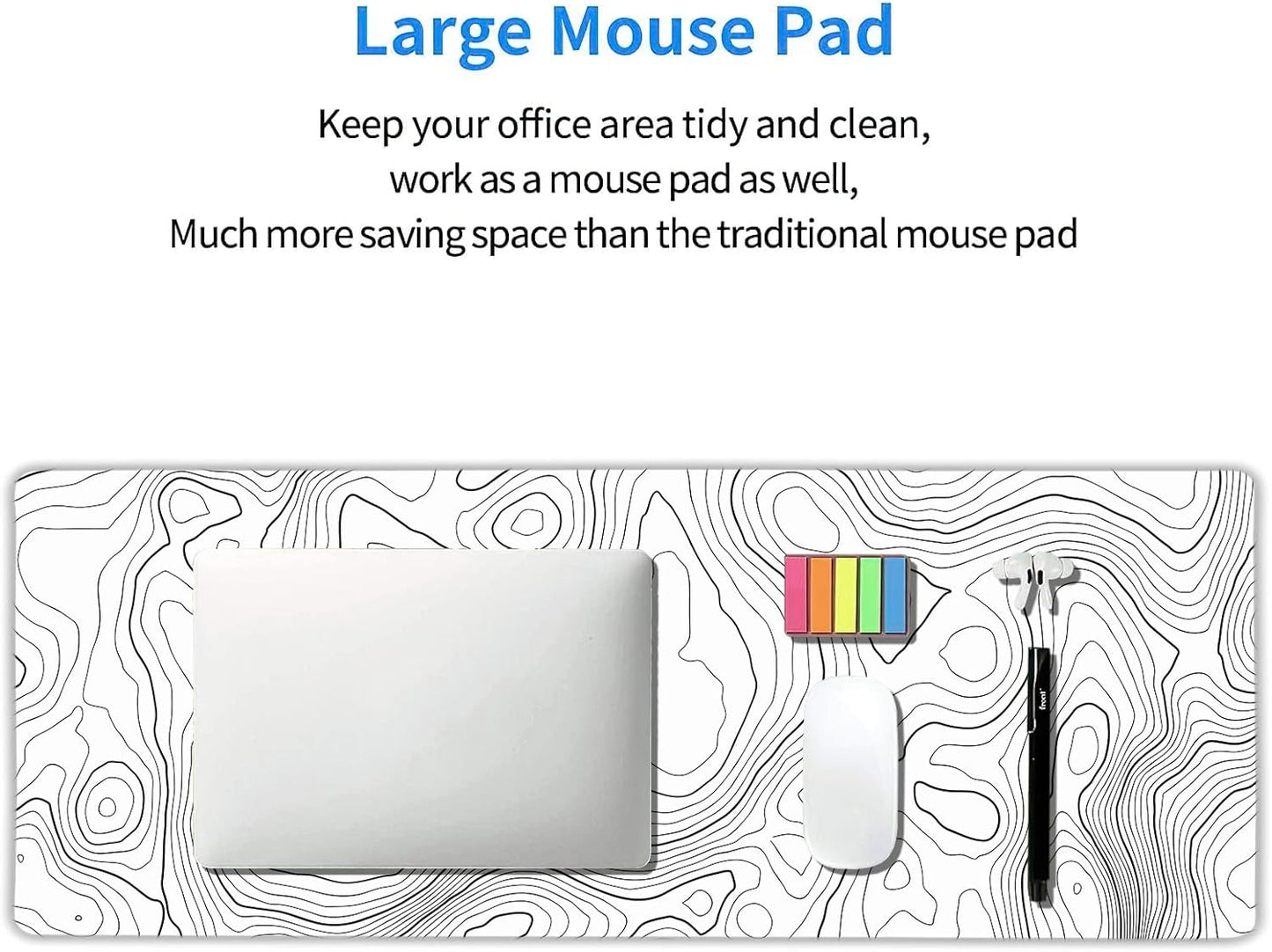 Topographic Contour White Gaming Mouse Pad XL Topo Geographic Map Lines Extended Large Mouse Pad Big Desk Mat Non-Slip Rubber Base Stitched Edge Long Keyboard Playmat for Desk Computer,31.5×11.8 in