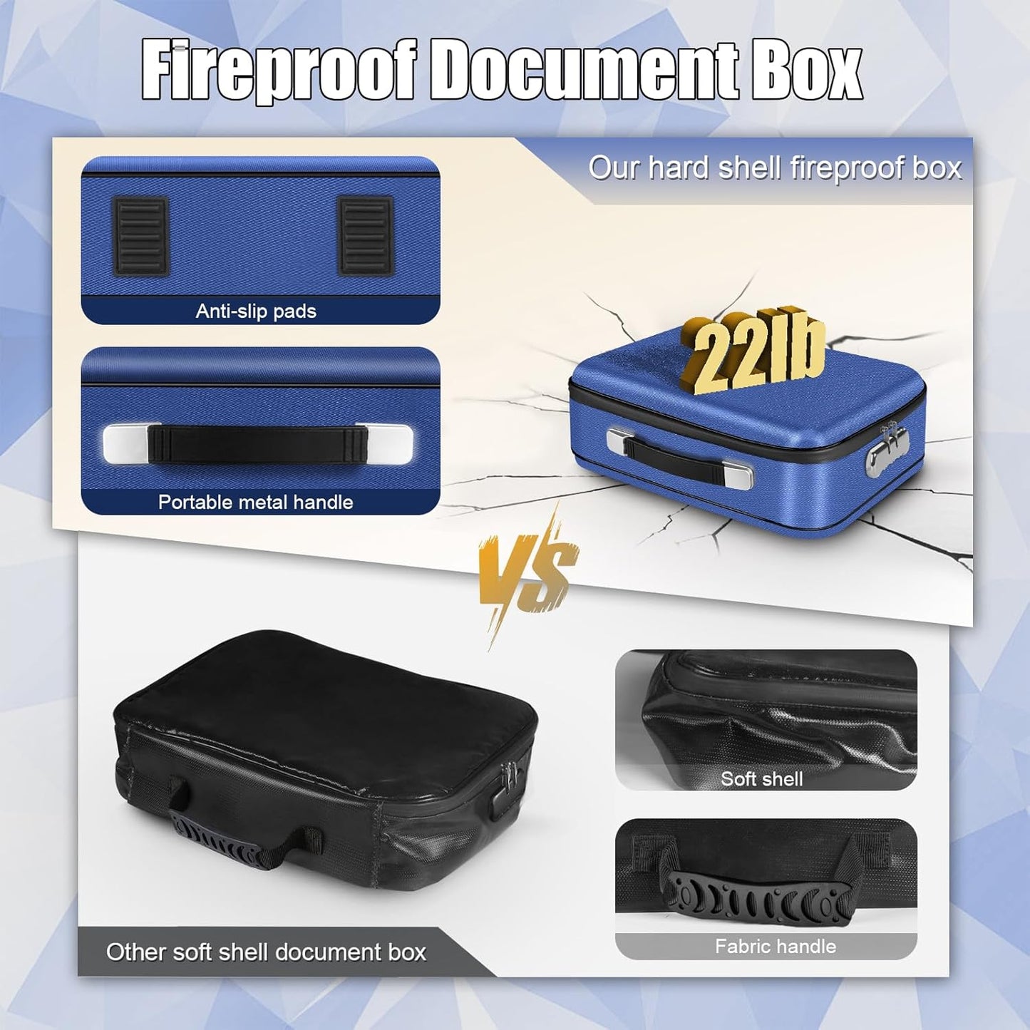 Fireproof Document Box, Hard Shell Fireproof Box, Document Organizer with Lock, Fireproof Water Resistant box, Portable Documents Safe Box for Important Document Certificates, Laptop, Passports, Blue