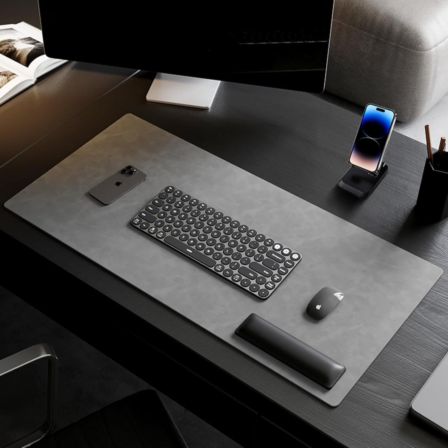 Leather Desk pad for Computer and laptops, Ideal for Gaming and Office use, Large Mouse pad and Keyboard mat,Desk mat for Man. A complimentary Wrist pad and Phone Stand.(Gray-White, 15.7"x 31.5")