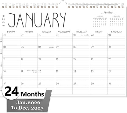 GuassLee Wall Calendar 2026, 24-Month Desk/Wall Calendar from Jan. 2026 to Dec. 2027,17" X 12" Desktop Hanging Monthly Planner with Thick Paper Spiral Bound for Easy Organizing