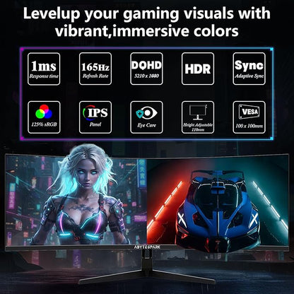 49 Inch Curved Ultra Wide Gaming Monitor, 5K (5210x1440P), 144Hz/165Hz 1500R, 32:9 127% sRGB, FreeSync, Height Adjustable Screen Monitor, HDMI 2.1 And DP 1.4, Supports Wall Mounted Installation
