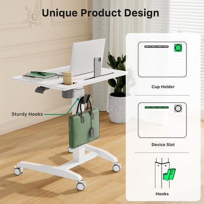 Glass Mobile Standing Desk, Height Adjustable Rolling Laptop Table, 27 inches Portable Sit Stand Desk with Wheels and Hook, Pneumatic Computer Workstation, White