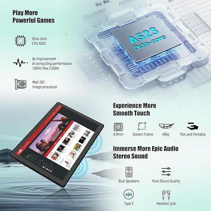 Tablet 10 Inch, Android 14 Tablet PC, 8GB RAM+64GB ROM (1TB TF), Octa-Core 2.0 GHz, Bluetooth 5.0, WiFi 6, Widevine L1, 5MP+8MP, 5000mAh,Type-C (Black, 10)