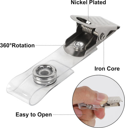Happy Trees 200 Pcs Metal Badge Clips with Clear PVC Straps, ID Holder Clip for Badge Holders, Name Tags, ID Cards, Work Badges