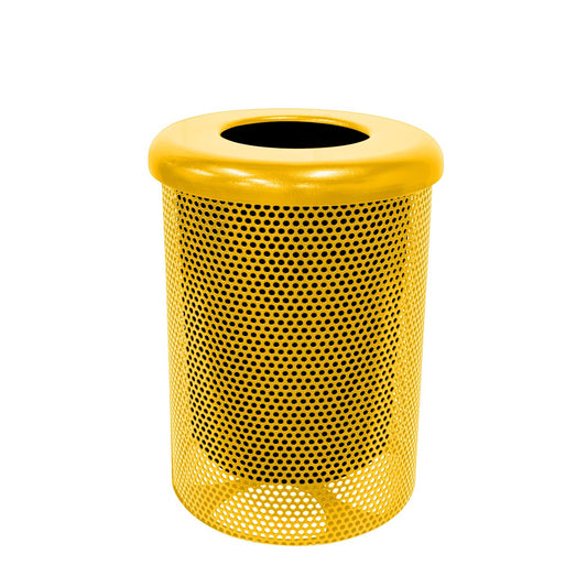 Coated Outdoor Furniture 32-Gallon Heavy-Duty Punched Steel Round Trash Receptacle, Commercial Outdoor Waste Bin with Liner & Black Flat Top Lid – Made in America (Textured Yellow)