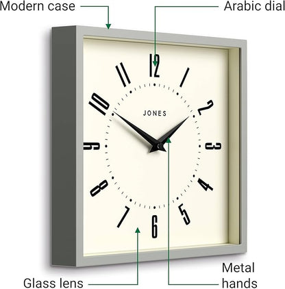 JONES CLOCKS® Box Wall Clock | Retro Square | 10 inch | Gray | Easy to Read Numbers | Perfect Kitchen or Office Clock
