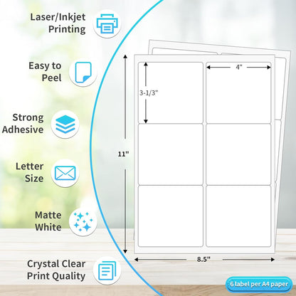 FungLam Printable Sticker Paper, 3-1/3" x 4" Shipping Address Labels 600 Blank Mailing Labels for Laser & Inkjet Printers, 6 per Page Label Stickers, 100 Sheets