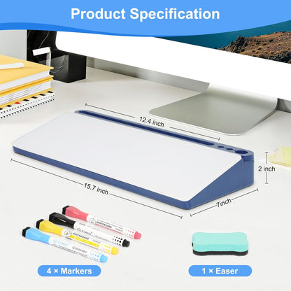 Glass Desktop Whiteboard with Storage, Desk White Board with Computer Keyboard Stand,White Dry Erase Board with Drawers for Home,School,Office - Blue