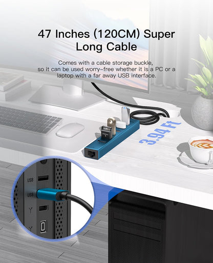 7 Ports USB 3.0 Hub, USB to Network HUB with 3.9ft Long Cable for Laptop, USB Splitter with Gigabit Ethernet Port and 5V/3A Power Port, MultiPort Aluminum Hub for iMac, PC, Flash Drives (Blue)