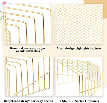 2 Pcs 7 Slot Incline File Sorter Metal Wire Mesh File Racks for Desktop Letter Sorter for Magazine Folder Book Organizer Home Office School Paper Mail Desk Storage Holder(Golden)
