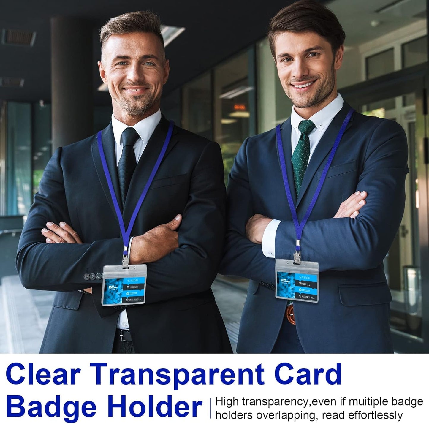 Marspark 50 Sets Clear Name Tags with Lanyard, Lanyards for ID Badges Reusable Strap with ID Holder Plastic Name Badges for Adults Business School Church Conference (Blue)