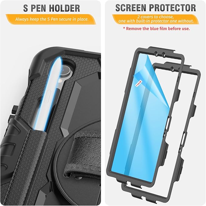 HXCASEAC Case for Samsung Galaxy Tab S10 Lite / S10 FE / S9 FE 5G 10.9 inch, Shockproof Design with Screen Protector/Hand Strap/S Pen Holder, Protective Samsung Galaxy S10 Lite Tablet Case, Black