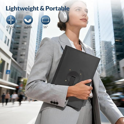 LR Portable Monitor, 16” 1920 * 1200P FHD IPS Screen 16:10, 1500:1 Contrast Ratio, USB-C HDMI Travel Monitor with Rotating Stand, External Second Display for Laptop/PC/Mac/Phone/Switch/Xbox/PS4/5