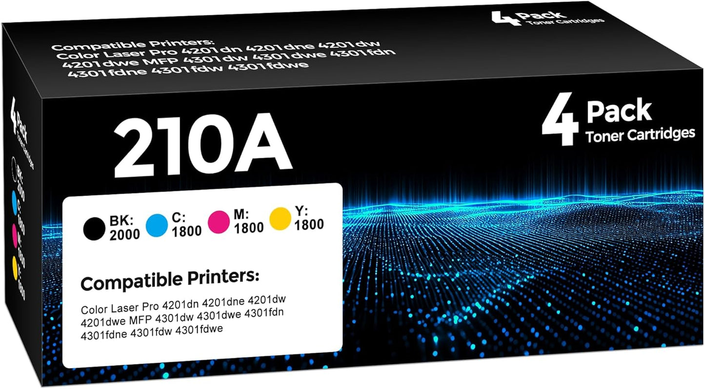 210A Toner Cartridge 4Pack Compatible with HP 210A 210X Toner Cartridge with 210A Toner Color Laser Jet Pro MFP 4301fdw 4201dw 4201dn 4301fdn 4301fdw 4301dw Printer (Black/Cyan/Magenta/Yellow)