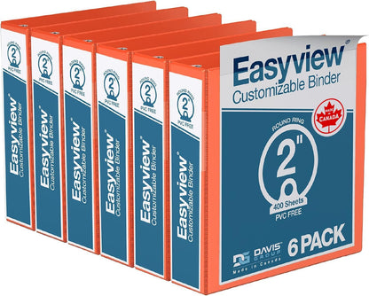 Easyview Premium 3-Ring Binders with Clear-View Covers and Round Rings, Binders for School or Office, 2 Inch, Pack of 6, Orange