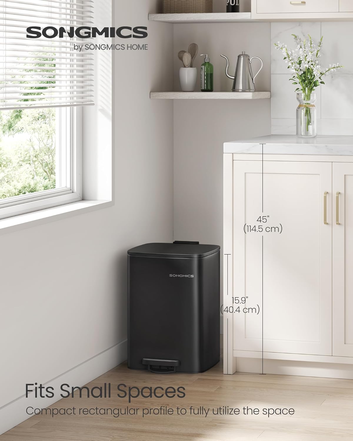 SONGMICS Kitchen Trash Can, 5.2-Gallon (20 L) Trash Bin, Stainless Steel Garbage Can, with Inner Bucket, Soft Close and Stays Open, Ink Black ULTB592B01