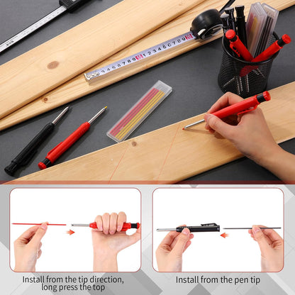 8 pack 2.8mm Mechanical Carpenter Pencils with 48 Refills, Construction Pencils with Built-in Sharpener, Long Nib Deep Hole Marker, Heavy Duty Woodworking Tools (Black+red)