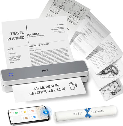 Inkless Portable Printer for Travel, Wireless Thermal Printer Support 8.5 x 11 Inch US Letter A4 B5, Bluetooth Mobile Printers with iOS, Android, Laptop for Home Use, Car, Office, School, Grey
