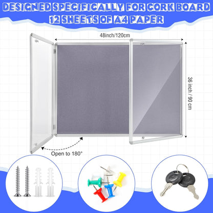 2 Pack Enclosed Bulletin Board 48"x36" Weather Resistant Lockable Enclosed Notice Cork Case Display Board Wall Mounted 2 Locking Door Aluminum Frame for Back to School Classroom, 12xA4(Gray)