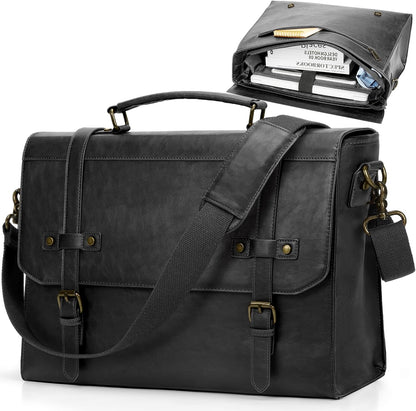 RAINSMORE Mens Messenger Bag 17 Inch Waterproof Vintage Leather Laptop Briefcase Large Laptop Bag Satchel Bag Computer Shoulder Bag for Office Business Travel College,Brown