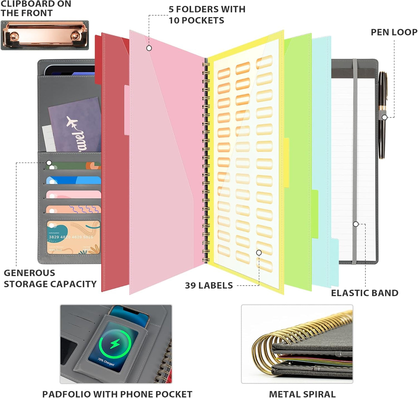 Clipboard with Storage for Men Women, Leather Padfolio Portfolio Organizer 5 Folders with 10 Pockets, Spiral Clipboard Folio with Notepad for Letter Size, Elastic Closure and Pen Loop Grey