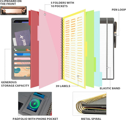Clipboard with Storage for Men Women, Leather Padfolio Portfolio Organizer 5 Folders with 10 Pockets, Spiral Clipboard Folio with Notepad for Letter Size, Elastic Closure and Pen Loop Grey