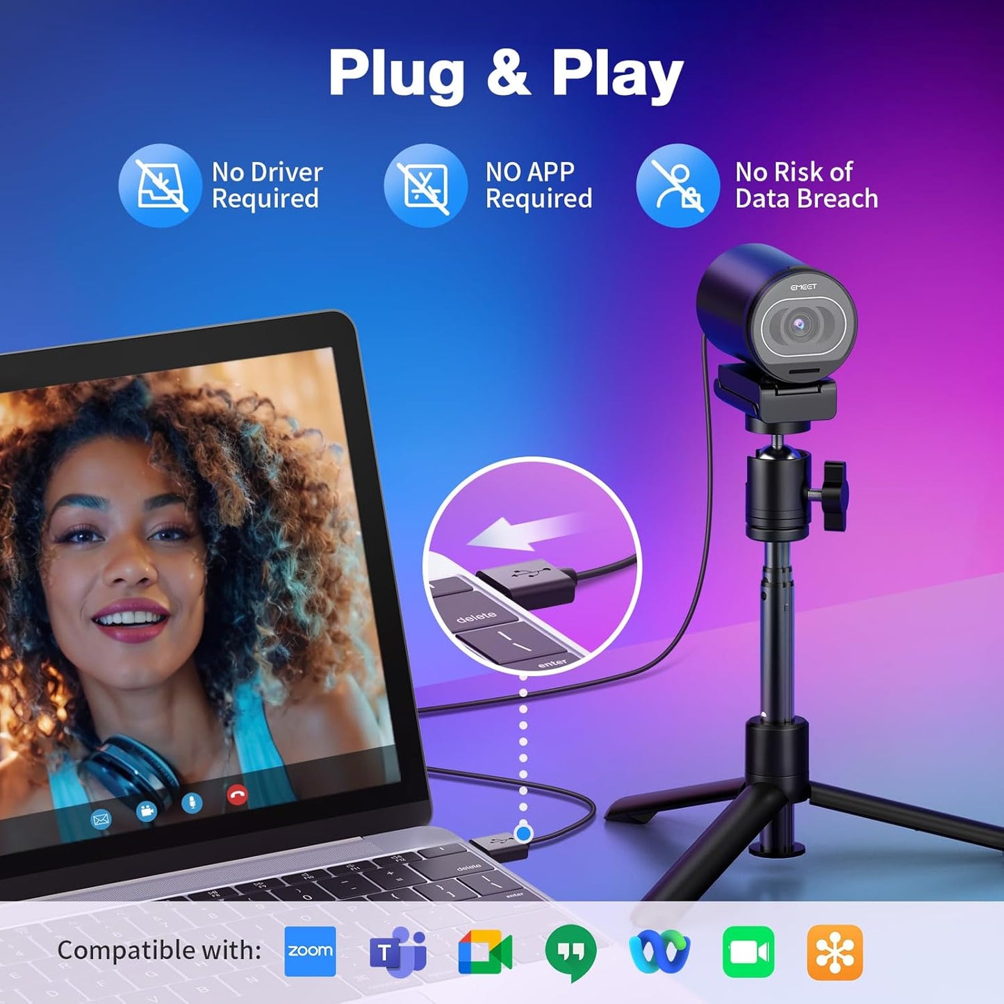 EMEET S600 4K Webcam with Tripod for Streaming - Sony 1/2.5'' Sensor, PDAF Autofocus, 1080P@60FPS, 2 Noise Reduction Mics, Built-in Privacy Cover, 73° FOV, Streaming Webcam for Product/Game/Beauty