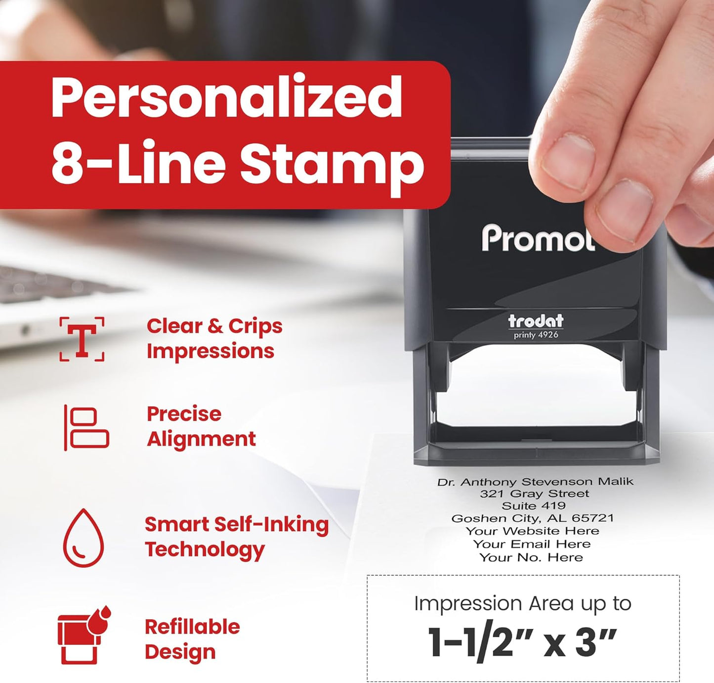 Promot Self Inking Stamp - XXLarge Custom Stamp for Name, Address, Office, or Business Use - Up to 8-Line Personalized Rubber Stamp - Customizable Font & Ink Color - Personalized Name Stamp