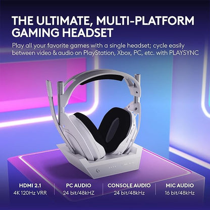 Logitech G Astro A50 X Multi-Platform Wireless Gaming Headset + Base Station for PS5/Xbox/PC: PLAYSYNC Video & Audio Switcher, HDMI 2.1 4K 120Hz VRR, <24bit/48kHz, 24hr Battery, 2.4GHz & BT - White