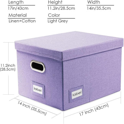 PRANDOM File Organizer Box - Set of 2 Collapsible Decorative Linen Filing Storage Hanging File Folders with Lids Office Cabinet Letter/Legal Size Purple (17x14x11.2 inch)