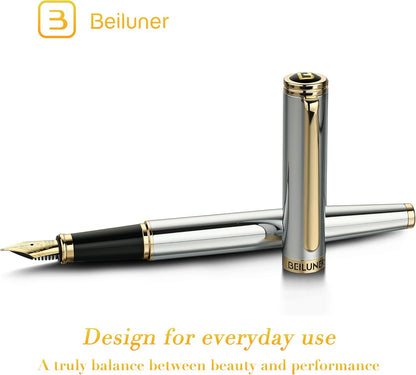 BEILUNER Silver Chrome Fountain Pen,Stunning Luxury with 24K Gold Accents, Gorgeous 24K Gilded Nib(Medium), Fancy Pen Gift for Men&Women -Ink Converter-Elegant, Office,Nice Pen for Writing