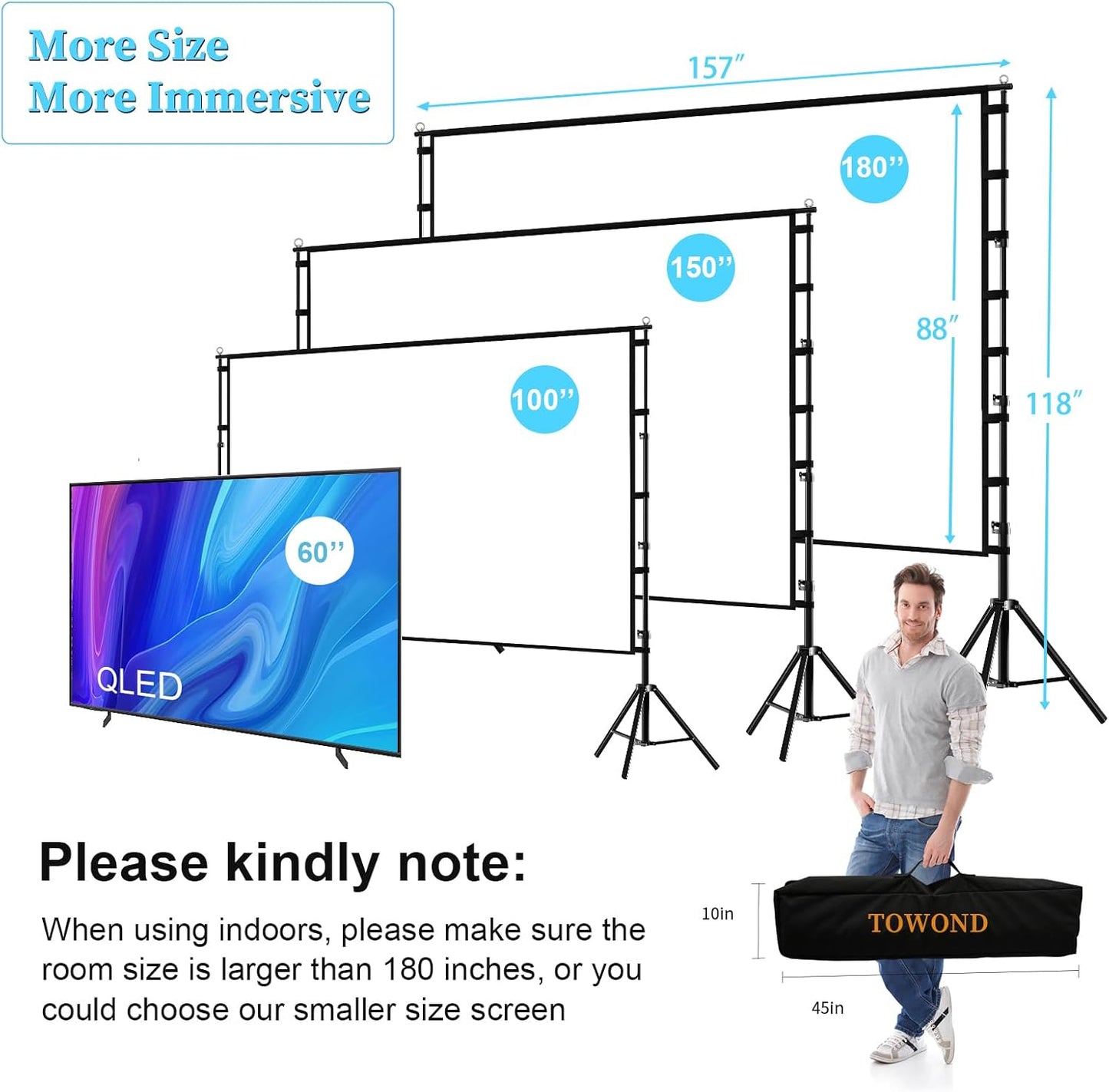 TOWOND Projector Screen and Stand, 180 inch Outdoor Projector Screen 15 FT Large Projection Screen, Portable 16:9 4K HD Rear Front Movie Screen with Carry Bag Wrinkle-Free Design for Backyard Theater