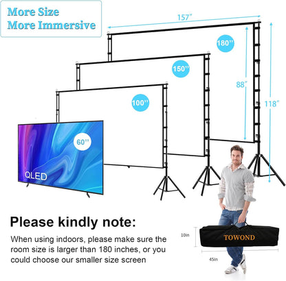 TOWOND Projector Screen and Stand, 180 inch Outdoor Projector Screen 15 FT Large Projection Screen, Portable 16:9 4K HD Rear Front Movie Screen with Carry Bag Wrinkle-Free Design for Backyard Theater