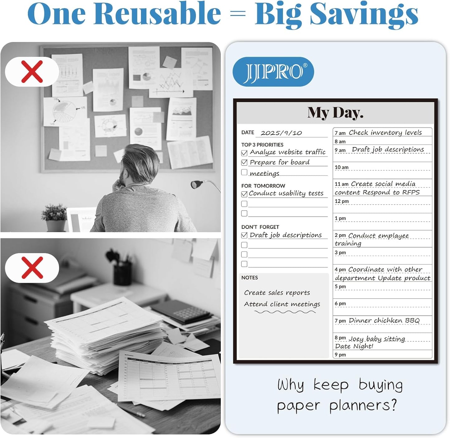 JJPRO Reusable Desktop Daily Planner with Stand,Hourly Dry Erase Board,11"x8.5" Hourly Schedule Board,Dry Erase Time Schedule with Time Slots,Reusable Desk Hourly Dry Erase Board with Detachable Engineered Wood Stand for Office, Home