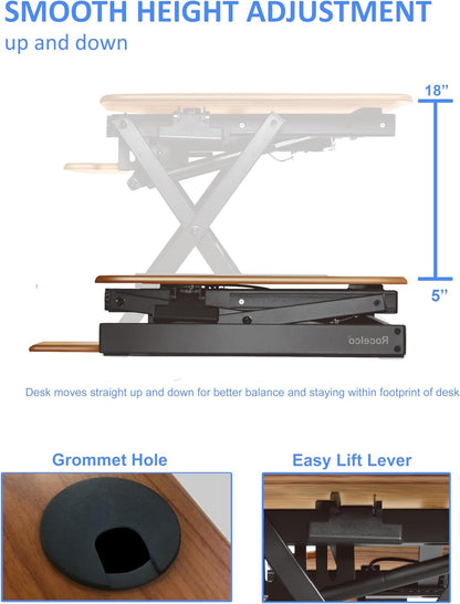Rocelco 46" Height Adjustable Corner Standing Desk Converter with Dual Monitor Arm Mount Bundle - Sit Stand Up Tabletop Computer Workstation Riser - Extra Large Keyboard Tray - Teak (R CADRT-46-MA2)