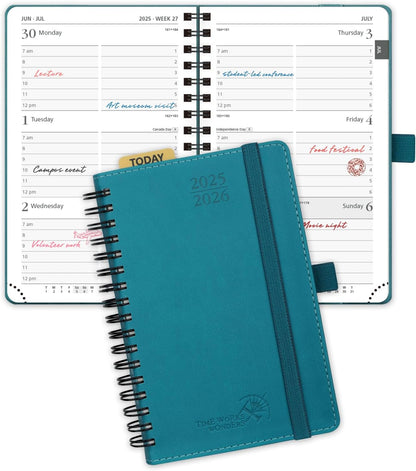 POPRUN Pocket Planner 2025-2026 (Purse Size 4'' x 6.25'') Academic Small Calendar (July 2025 - June 2026) with Hourly Time Slots, 100GSM Thick Papers, Spiral Leather Cover - Pacific Green