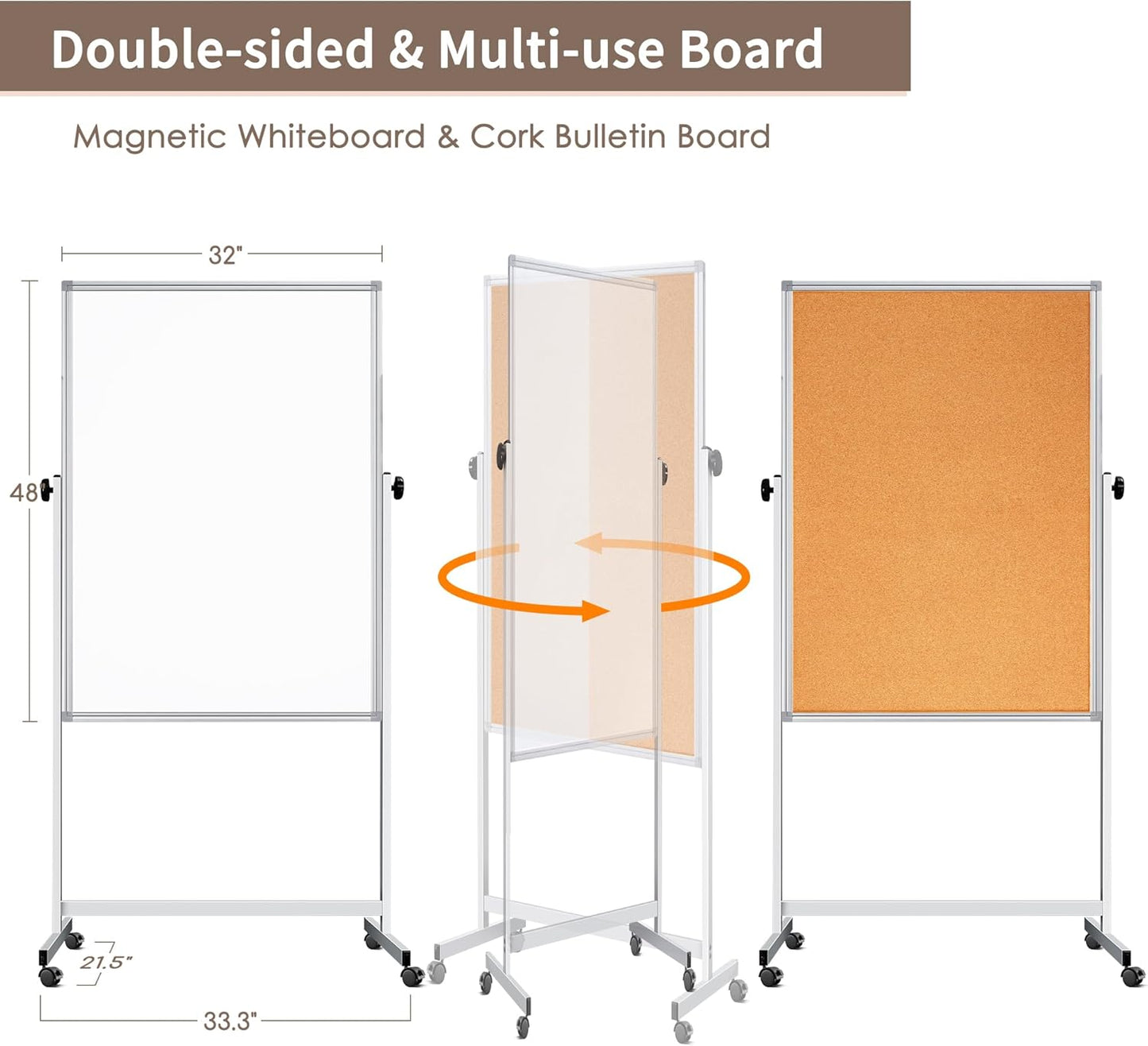 Double Sided Cork Board White Board, 32 x 48 inches Large Cork Board for Office, Height Adjustable Magnetic Dry Erase Board on Wheels, Portable Freestanding Natural Corkboard for Displaying, Planning