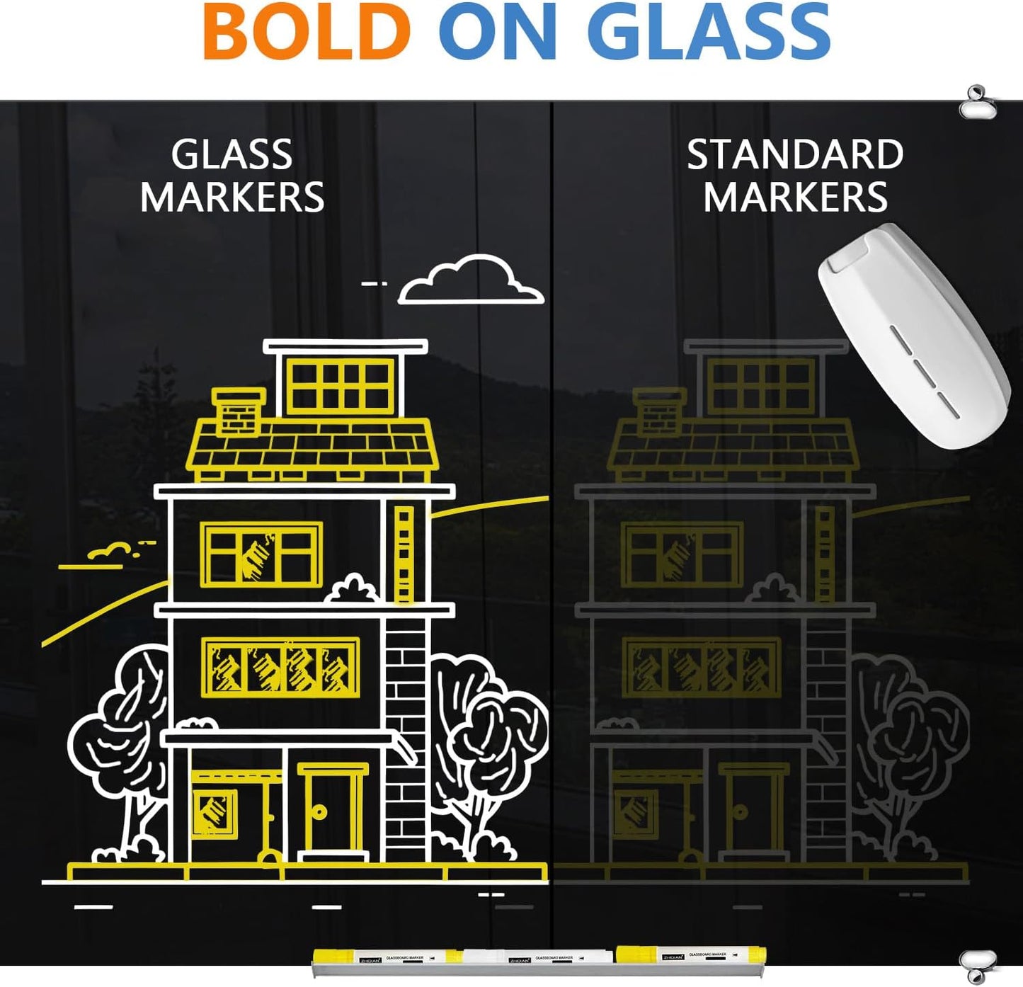 Dry Erase Markers for Black Glass Board, 2-in-1 Magnetic Chalkboard Spray Eraser & Washable Reversible Dual Tip Liquid Chalks - Bullet & Fine Point for Window Acrylic Refrigerator