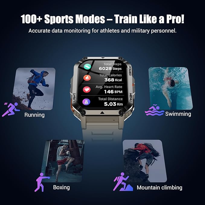 Military Smart Watch for Men (Answer/Make Calls), 2.01" Fitness Watch Tracker with 100-Day Battery/Flashlight/Compass/Heart Rate/120+ Sports Modes/IP68 Waterproof Smartwatch for iOS Android(2 Straps)