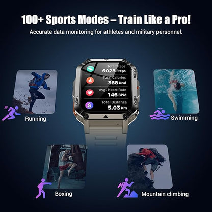 Military Smart Watch for Men (Answer/Make Calls), 2.01" Fitness Watch Tracker with 100-Day Battery/Flashlight/Compass/Heart Rate/120+ Sports Modes/IP68 Waterproof Smartwatch for iOS Android(2 Straps)