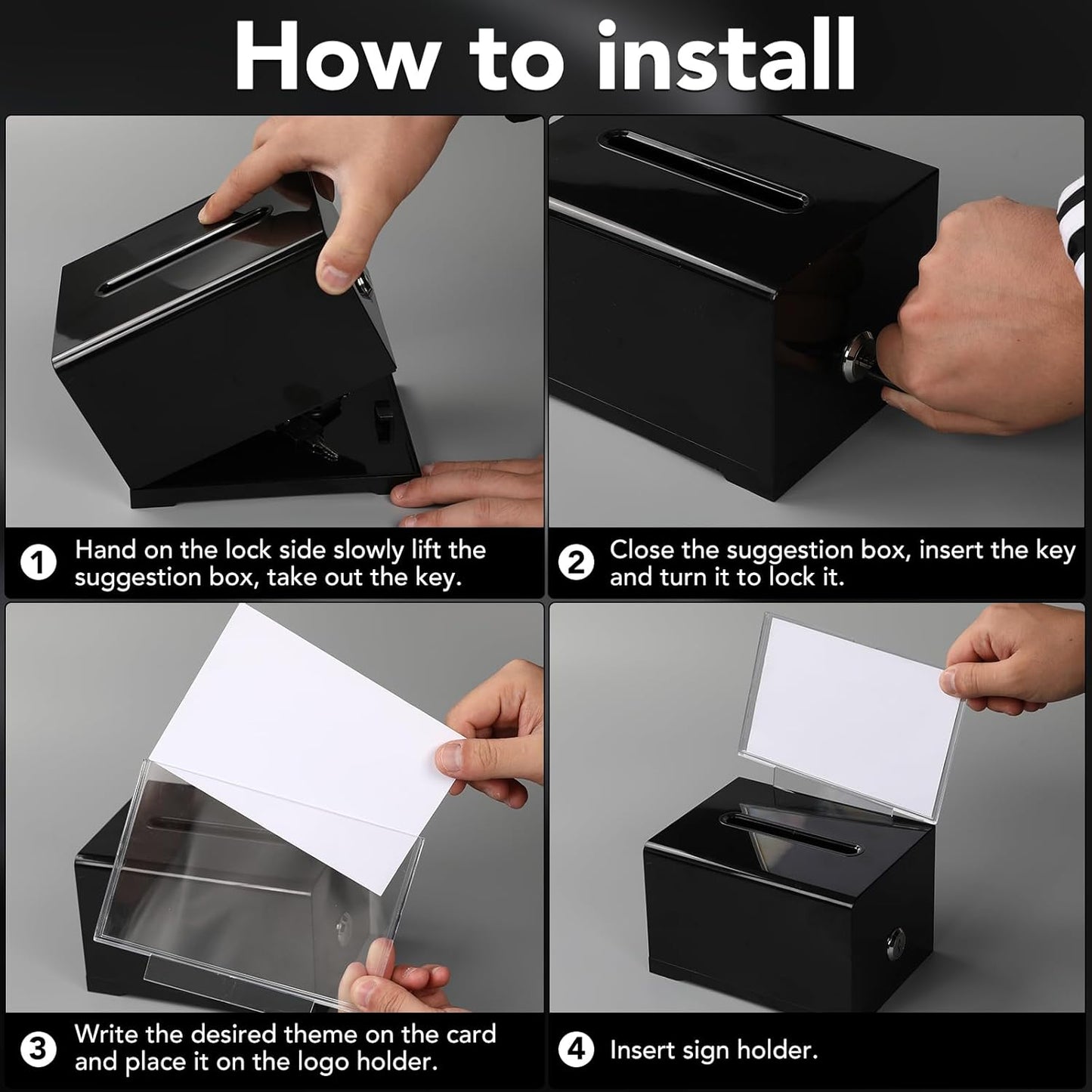 VOISEN Acrylic Donation Box with Lock, 3 Pack Black Ballot Box with Sign Holder, Tip Jar for Fundraising, Donation, Bar, School Voting, 6.2x4.6x3.9 Inch